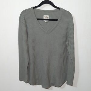 Chaser Waffle Knit Thermal Top Green Long Sleeve V-Neck Women's Size XL